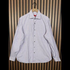 Isaia Napoli Dress Shirt 16.5 / 42 Large Mens White Purple Checkered Long Sleeve